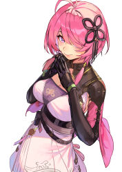Rule 34 | 1girl, absurdres, alwaysregg, belt, black gloves, blush, breasts, cleavage, closed mouth, gloves, hair ornament, hair over one eye, highres, large breasts, looking at viewer, medium breasts, medium hair, pink hair, purple eyes, solo, taoqi (wuthering waves), tassel, white background, wuthering waves