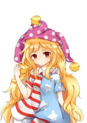 Rule 34 | 1girl, blonde hair, closed mouth, clownpiece, dress, hat, jester cap, ke-ta (style), long hair, looking at viewer, pantyhose, pink hat, polka dot, simple background, smile, solo, striped clothes, striped dress, touhou, white background, zhi xixi