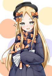 Rule 34 | + +, 1girl, :d, abigail williams (fate), absurdres, black bow, black dress, black hat, blonde hair, blue eyes, blush, bow, dress, fate/grand order, fate (series), hair bow, hands in opposite sleeves, hat, head tilt, highres, hugging object, long hair, long sleeves, looking at viewer, moyoron, multicolored polka dots, open mouth, orange bow, parted bangs, polka dot, polka dot background, polka dot bow, smile, solo, sparkle, stuffed animal, stuffed toy, teddy bear, very long hair, white background