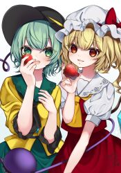 Rule 34 | 2girls, ascot, black hat, blonde hair, bow, commentary request, crystal, eyeball, flandre scarlet, food, frilled sleeves, frills, fruit, green eyes, green hair, green skirt, hat, hat bow, highres, holding, holding food, holding fruit, komeiji koishi, mob cap, multiple girls, one side up, open mouth, puffy short sleeves, puffy sleeves, red bow, red eyes, red skirt, red vest, shirt, short sleeves, side ponytail, signature, skirt, skirt set, smile, strawberry, third eye, touhou, vest, white hat, wings, yellow ascot, yellow shirt, yuineko