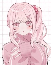 Rule 34 | 1girl, :o, akiyama mizuki, bandaid, bandaid on hand, blush, commentary, dot nose, fingernails, hair ornament, hairpin, hand on own face, heart, high side ponytail, highres, jacket, jewelry, long hair, long sleeves, looking at viewer, minacoco3755, multiple hairpins, open mouth, pink eyes, pink hair, polka dot, polka dot scrunchie, project sekai, ring, scrunchie, side ponytail, simple background, solo, swept bangs, track jacket, upper body, white background