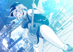 Rule 34 | 1girl, backpack, bag, blue theme, blush, breasts, commentary request, dutch angle, feet out of frame, flat cap, guitar, hair bobbles, hair ornament, hat, highres, holding, holding instrument, holding plectrum, instrument, jewelry, kagiyama shachou, kawashiro nitori, key, key necklace, large breasts, microphone, monochrome, music, necklace, one-piece swimsuit, open mouth, outdoors, playing instrument, plectrum, short hair, sidelocks, solo, speaker, stage, stage lights, sweat, swimsuit, touhou, tree, two side up