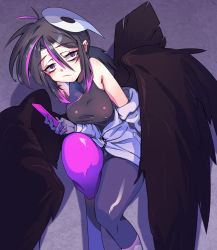 Rule 34 | 1girl, animal hands, ava (orc massage), bare shoulders, bird legs, bird tail, black feathers, black hair, black wings, blush, breasts, claws, commentary request, feathers, hair between eyes, hair ornament, harpy, highres, holding, holding phone, jacket, looking at viewer, mask, mask on head, medium breasts, monster girl, multicolored hair, orc massage, otk, phone, pink eyes, pink hair, solo, tail, wings, zipper pull tab