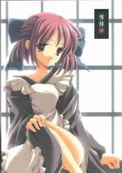 Rule 34 | 00s, 1girl, apron, black dress, dress, expressionless, frills, green eyes, hand on own knee, highres, indoors, kohaku (tsukihime), long sleeves, looking away, red hair, sitting, solo, thighs, tsukihime, window