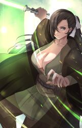 Rule 34 | 1girl, absurdres, alternate costume, bow, breasts, brown eyes, brown hair, cleavage, collarbone, commentary request, commission, energy sword, fire emblem, fire emblem fates, green lightsaber, hair bow, hair over one eye, highres, holding, holding lightsaber, holding weapon, kagero (fire emblem), large breasts, lightsaber, long hair, long sleeves, looking at viewer, nintendo, partial commentary, peli cantaro, ponytail, skeb commission, solo, star wars, sword, weapon