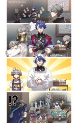 Rule 34 | !?, 2boys, 5girls, 6+others, ahoge, alternate costume, animal ears, apron, arm up, armor, arms up, artist name, back, beret, black apron, black armor, black dress, black gloves, black headwear, black jacket, blue eyes, blue gemstone, blue hair, blush, bowl, brown hair, brown shirt, caelus (honkai: star rail), character print, chibi, clapping, closed eyes, closed mouth, clothes writing, collared jacket, comic, drawing (object), dress, floor, food, gem, glasses, gloves, gold trim, grey hair, grey headwear, grey pants, hair between eyes, hands up, hat, hat ornament, head scarf, heart, heart print, highres, honkai: star rail, honkai (series), hood, hooded jacket, indoors, jacket, lamp, long hair, long sleeves, looking at viewer, looking to the side, mandarin collar, multiple boys, multiple girls, multiple others, onigiri, open clothes, open jacket, open mouth, pants, pela (honkai: star rail), plaid, plaid headwear, plaid scarf, pom-pom (honkai: star rail), puffy long sleeves, puffy sleeves, purple hair, purple shirt, qi2341, rabbit ears, red headwear, red jacket, rice, sampo koski, scarf, semi-rimless eyewear, shadow, shirt, short hair, short sleeves, short twintails, smile, standing, steam, t-shirt, trailblazer (honkai: star rail), twintails, vest, wall, white headwear, white scarf, white shirt, white vest, yellow eyes, yellow headwear, yellow scarf