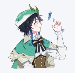 Rule 34 | 1boy, black hair, blue hair, blush, bow, braid, cape, feathers, frilled sleeves, frills, from side, gem, genshin impact, gradient hair, green eyes, green hat, grey background, hat, jewelry, leaf, long sleeves, male focus, multicolored hair, open mouth, ribbon, simple background, smile, solo, sooryang, twin braids, venti (genshin impact)