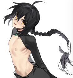Rule 34 | 1boy, ahoge, ameman, black hair, braid, braided ponytail, cropped jacket, fate/grand order, fate/samurai remnant, fate (series), hair intakes, highres, japanese clothes, jewelry, long hair, looking at viewer, male focus, navel, nipples, open mouth, orange eyes, partially undressed, pendant choker, sidelocks, simple background, single braid, sketch, smile, stomach, upper body, white background, yamato takeru (fate)