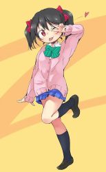 Rule 34 | 1girl, :p, black hair, blue skirt, bow, bowtie, croixsan, female focus, green bow, green bowtie, hair bow, heart, love live!, love live! school idol project, one eye closed, red eyes, skirt, solo, tongue, tongue out, twintails, v, yazawa nico