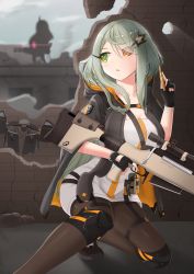Rule 34 | 2girls, absurdres, black footwear, black gloves, bolt action, breasts, building, cartridge, cleavage, collarbone, commentary, denkouseka akaiken, dragoon (girls&#039; frontline), drone, english commentary, eyes visible through hair, fingerless gloves, girls&#039; frontline, gloves, glowing, green eyes, gun, hair ornament, hand up, heterochromia, hiding, highres, holding, hood, hoodie, jacket, knee pads, large breasts, leaf, logo, maple leaf, multiple girls, pantyhose, rifle, sangvis ferri android (girls frontline), scope, shirt, shoes, short sleeves, silhouette, sneakers, sniper rifle, solo focus, tac-50, tac-50 (girls&#039; frontline), thigh strap, thighs, weapon, white shirt, yellow eyes