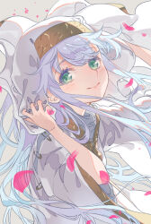 Rule 34 | 1girl, blue hair, closed mouth, commentary request, falling petals, floating hair, from side, gold trim, green eyes, grey background, habit, head tilt, holding, holding clothes, holding headdress, index (toaru majutsu no index), long hair, looking at viewer, messy hair, nun, petals, portrait, robe, safety pin, smile, solo, solo focus, tautiki, toaru majutsu no index, white robe