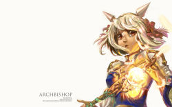 Rule 34 | 1girl, arch bishop (ragnarok online), armor, ashiong, blonde hair, brown eyes, buttons, feathers, image sample, open mouth, ragnarok online, ribbon, short hair, simple background, solo, staff, text focus, tiara, white hair
