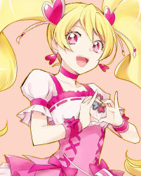 Rule 34 | 00s, 1girl, blonde hair, bow, brooch, choker, clenched hand, corset, cure peach, dress, earrings, eyelashes, fresh precure!, hair ornament, happy, heart, heart hair ornament, heart hands, jewelry, kurochiroko, long hair, magical girl, momozono love, open mouth, pink bow, pink dress, pink eyes, pink skirt, precure, puffy sleeves, simple background, skirt, smile, solo, twintails, wrist cuffs