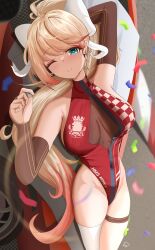 Rule 34 | 1girl, absurdres, arm behind head, azur lane, bare shoulders, blonde hair, blue eyes, blush, breasts, cleavage, cleavage cutout, clothing cutout, commission, detached sleeves, earrings, eyeliner, hair between eyes, hair ribbon, highleg, highres, howe (azur lane), jewelry, large breasts, long hair, looking at viewer, lying, makeup, on back, one eye closed, pixiv commission, ponytail, race queen, ribbon, riflech, royal navy emblem (azur lane), sideboob, smile, thighhighs, thighs, white ribbon