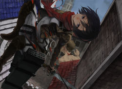 Rule 34 | 1boy, 1girl, black hair, blood, boots, breasts, brown hair, building, clothed female nude male, dual wielding, grey eyes, harness, highres, holding, medium breasts, mikasa ackerman, nude, outdoors, road, rooftop, scarf, shingeki no kyojin, short hair, small breasts, street, sword, three-dimensional maneuver gear, titan (generic) (shingeki no kyojin), titan (shingeki no kyojin), toro3, weapon