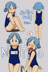 Rule 34 | 1girl, blue eyes, blue hair, blush, character name, iwestcityi, naganohara mio, nichijou, one-piece swimsuit, school swimsuit, short twintails, swimsuit, twintails