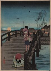 Rule 34 | 1girl, architecture, blue skirt, bocchi the rock!, bridge, east asian architecture, faux traditional media, fragile4642, full body, full moon, gotoh hitori, green skirt, guitar case, highres, hiroi kikuri, instrument case, jacket, moon, night, outdoors, pink hair, pink jacket, river, scenery, sitting, skirt, solo, standing, white jacket, wooden bridge