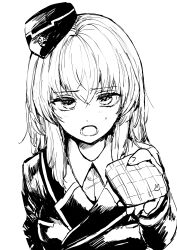 Rule 34 | 1girl, absurdres, box, emilio (tetsukazu no ao), garrison cap, gift, gift box, girls und panzer, greyscale, hair between eyes, hat, highres, holding, holding gift, itsumi erika, kuromorimine military uniform, looking at viewer, monochrome, open mouth, simple background, solo, sweat, valentine