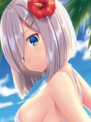 Rule 34 | 10s, 1girl, bad id, bad twitter id, blue eyes, breasts, day, flower, hair flower, hair ornament, hair over one eye, hairclip, hamakaze (kancolle), highres, kantai collection, looking at viewer, medium breasts, navy (navy.blue), parted lips, short hair, sideboob, silver hair, sky, solo, strap gap, tree, upper body