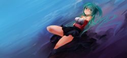Rule 34 | 1girl, afloat, alternate hairstyle, arceonn, bare shoulders, black skirt, breasts, detached sleeves, dutch angle, floating, green eyes, green hair, hatsune miku, leg up, long hair, lying, medium breasts, on back, skirt, solo, strapless, two side up, very long hair, vocaloid, water