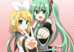 Rule 34 | 2girls, bad id, bad pixiv id, blonde hair, clenched hand, detached sleeves, green eyes, green hair, hair ornament, hairclip, hatsune miku, headset, highres, ichinose yukino, kagamine rin, multiple girls, necktie, open mouth, v, vocaloid