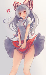 Rule 34 | !?, 1girl, blush, bow, clothes lift, fujiwara no mokou, gluteal fold, hair bow, long hair, looking at viewer, nakaichi (ridil), open mouth, silver hair, simple background, skirt, skirt lift, solo, suspenders, touhou