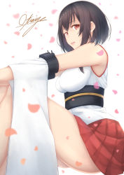 Rule 34 | absurdres, armpit peek, arms on knees, ass, black hair, breasts, detached sleeves, hair ornament, hakama, hakama short skirt, hakama skirt, highres, japanese clothes, kantai collection, knees up, large breasts, lipstick, looking at viewer, makeup, nontraditional miko, obi, ochiai miyabi, open mouth, petals, red eyes, red hakama, sash, short hair, sidelocks, signature, simple background, sitting, skirt, solo, thighs, tsurime, white background, wide sleeves, yamashiro (kancolle)