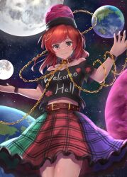 Rule 34 | 1girl, black shirt, chain, closed mouth, clothes writing, cowboy shot, earth (ornament), earth (planet), hecatia lapislazuli, highres, looking at viewer, luke (kyeftss), medium hair, moon, moon (ornament), multicolored clothes, multicolored skirt, off-shoulder shirt, off shoulder, outdoors, plaid, plaid skirt, planet, red eyes, red hair, shirt, skirt, solo, space, touhou