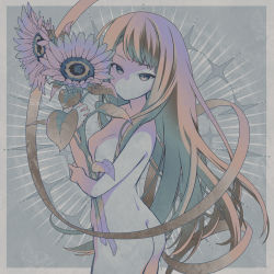 Rule 34 | 1girl, ass, breasts, brown eyes, flower, grey background, holding, holding flower, kawanobe, light brown hair, long hair, looking at viewer, nude, original, ribbon, small breasts, standing, sunflower, very long hair