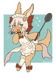 Rule 34 | 1other, ambiguous gender, animal ear fluff, animal ears, apron, bad id, bad twitter id, bell, blush, bow, collar, cosplay, fate/grand order, fate (series), flying sweatdrops, frying pan, furry, kawasemi27, long hair, made in abyss, maid headdress, naked apron, nanachi (made in abyss), neck bell, open mouth, solo, tail, tamamo (fate), tamamo cat (fate), tamamo cat (fate) (cosplay), tamamo cat (third ascension) (fate), whiskers, white hair, yellow eyes