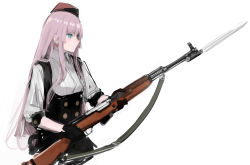 Rule 34 | 1girl, bayonet, beret, black dress, black gloves, blue eyes, closed mouth, collar, collared shirt, dress, ear piercing, earrings, from side, girls&#039; frontline, gloves, gun, hair between eyes, hat, highres, holding, holding gun, holding weapon, jewelry, long hair, looking away, piercing, pink hair, rampart1028, red hat, rifle, shirt, sidelocks, simonov (girls&#039; frontline), sks, solo, standing, star (symbol), upper body, weapon