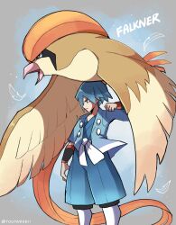 Rule 34 | 1boy, artist name, beak, bird, blue background, blue eyes, blue hair, brown eyes, character name, closed mouth, commentary, creatures (company), english commentary, falkner (pokemon), feathered wings, feet out of frame, game freak, gen 1 pokemon, highres, nintendo, open mouth, pidgeot, pokemon, pokemon (creature), pokemon hgss, short hair, touyarokii, twitter username, wings