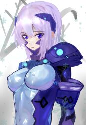 Rule 34 | 1girl, absurdres, blue bodysuit, bodysuit, breasts, cryska barchenowa, fortified suit, highres, impossible bodysuit, impossible clothes, kisaragi9a, large breasts, muv-luv, muv-luv alternative, muv-luv total eclipse, pilot suit, purple eyes, see-through bodysuit, short hair, simple background, skin tight, solo, white hair