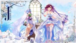 2girls ahoge belt blue_hair blush bouquet bow braid bridal_gauntlets bridal_veil candelabra candle candlestand dress earrings eyepatch flower full_body gloves hakasesuitchi highres holding holding_bouquet holding_flower ichaival_(phantom_of_the_kill) jewelry light_blue_hair light_rays logistille_(phantom_of_the_kill) long_hair looking_at_viewer mikan_ame_(gumi) mole mole_under_mouth multicolored_hair multiple_girls off-shoulder_dress off_shoulder official_alternate_costume official_art parted_lips petals phantom_of_the_kill purple_eyes purple_hair second-party_source see-through_clothes single_earring smile thigh_strap thighhighs tiara toe_cleavage twintails veil veins very_long_hair wedding_dress white_bow white_dress white_flower white_footwear white_gloves white_thighhighs window