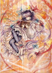 Rule 34 | 1girl, book, crescent, dated, dress, floral print, hair ornament, hair ribbon, hat, long hair, long sleeves, looking at viewer, mob cap, mosho, open book, painting (medium), patchouli knowledge, print legwear, purple eyes, purple hair, ribbon, signature, solo, striped clothes, striped dress, touhou, traditional media, tress ribbon, very long hair, watercolor (medium), wide sleeves