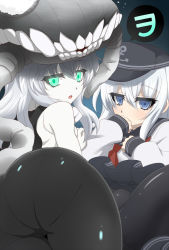 Rule 34 | 10s, 2girls, abyssal ship, ass, bad id, bad pixiv id, blue eyes, blush, cameltoe, colored skin, commentary request, covering own mouth, green eyes, hat, hibiki (kancolle), kantai collection, long hair, multiple girls, open mouth, pantyhose, pantylines, pleated skirt, school uniform, serafuku, skirt, spread legs, white hair, white skin, wo-class aircraft carrier, yanagi kawa