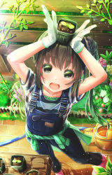 Rule 34 | 1girl, :d, aiuabo, black eyes, black hair, commentary, gardening, gloves, highres, holding, looking at viewer, open mouth, original, overalls, plant, potted plant, side ponytail, smile, solo, watering can
