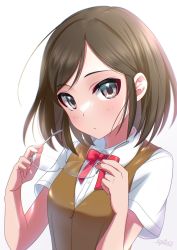 Rule 34 | bow, bowtie, breasts, brown hair, brown vest, commentary request, expressionless, eyebrows, glasses, grey eyes, highres, idolmaster, idolmaster cinderella girls, looking at viewer, oekakispica, red bow, red bowtie, removing eyewear, saejima kiyomi, shirt, short hair, short sleeves, small breasts, solo, upper body, vest, white background, white shirt, wing collar