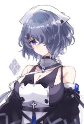 Rule 34 | 1girl, arknights, armpit crease, bare shoulders, blue eyes, breasts, cleavage, closed mouth, commentary, detached collar, detached sleeves, dress, hair over one eye, highres, nanatsuka, purple hair, sleeveless, sleeveless dress, solo, whisperain (arknights), white background