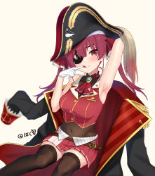 Rule 34 | 1girl, :q, arm behind head, armpits, ascot, bad id, bad pixiv id, black coat, black hat, black thighhighs, blush, coat, eyebrows hidden by hair, eyepatch, feet out of frame, finger to mouth, gloves, gold trim, hair between eyes, hat, highres, hololive, houshou marine, jacket, licking, licking finger, long hair, looking at viewer, nijyuuhaku, off shoulder, pirate hat, red ascot, red eyes, red hair, sitting, solo, thighhighs, tongue, tongue out, twintails, unworn jacket, virtual youtuber, white gloves