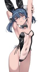 Rule 34 | 1girl, animal ears, armpits, arms up, bandaid, bandaid on cheek, bandaid on face, black bow, black bowtie, black hairband, black leotard, black nails, blue hair, bow, bowtie, breasts, commentary, cowboy shot, crossed bandaids, detached collar, earrings, english commentary, expressionless, fake animal ears, groin, hair ornament, hairband, highleg, highleg leotard, highres, jewelry, ji-yoon (jourd4n), jourd4n, leotard, looking at viewer, meme attire, nail polish, navel, original, outstretched arm, parted lips, pink eyes, playboy bunny, rabbit ears, rabbit tail, see-through, see-through leotard, side-tie leotard, simple background, skull hair ornament, small breasts, solo, standing, strapless, strapless leotard, tail, translucent bunnysuit, twintails, white background
