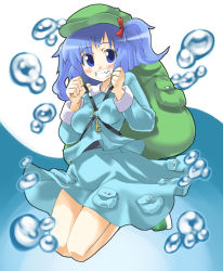 Rule 34 | 1girl, backpack, bag, blue hair, blush, female focus, gengorou, hair bobbles, hair ornament, happy, hat, jumping, kawashiro nitori, randoseru, school swimsuit, solo, swimsuit, swimsuit under clothes, touhou, two side up