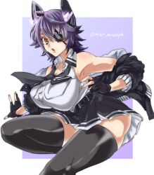 Rule 34 | 1girl, black gloves, black jacket, black skirt, black thighhighs, breasts, eyepatch, fur-trimmed jacket, fur trim, gloves, headgear, highres, jacket, kantai collection, large breasts, looking at viewer, love hongkong, open clothes, open jacket, partially fingerless gloves, purple hair, shirt, short hair, skirt, sleeveless, sleeveless shirt, solo, tenryuu (kancolle), tenryuu kai ni (kancolle), thighhighs, thighs, twitter username, white shirt