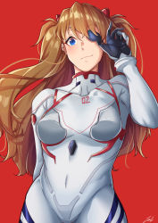 Rule 34 | 1girl, blue eyes, blush, bodysuit, breasts, commentary request, covered navel, evangelion: 3.0+1.0 thrice upon a time, eyepatch, hair between eyes, hair ornament, highres, long hair, looking at viewer, medium breasts, neon genesis evangelion, pilot suit, plugsuit, rebuild of evangelion, red background, signature, smile, solo, souryuu asuka langley, white bodysuit, yuuyu (sun yuu)