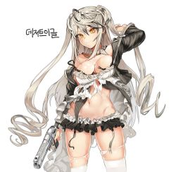 Rule 34 | 1girl, bad id, bad pixiv id, bare shoulders, black bra, blush, bra, breasts, cleavage, desert eagle, desert eagle (girls&#039; frontline), flower, garter straps, girls&#039; frontline, gluteal fold, gun, hair between eyes, handgun, highres, holding, holding gun, holding weapon, korean text, large breasts, long hair, microskirt, miniskirt, navel, nlitz, off shoulder, orange eyes, silver hair, simple background, skirt, solo, thighhighs, torn clothes, torn thighhighs, twintails, two side up, underwear, very long hair, weapon, white background, white thighhighs