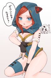 Rule 34 | 2girls, animification, apex legends, arm strap, ash (titanfall 2), ash (titanfall 2) (cosplay), ashleigh reid, black gloves, blue eyes, blue leotard, blush, breasts, chibi, chibi inset, cleavage, cleavage cutout, clothing cutout, cosplay, fingerless gloves, gloves, highres, hood, hood up, kneeling, leotard, looking at viewer, multiple girls, nagoooon 114, open mouth, orange hair, simulacrum (titanfall), small breasts, solo focus, speech bubble, thigh strap, translation request