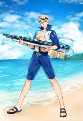 Rule 34 | 1boy, absurdres, adapted costume, ahoge, arthur pendragon (fate), artoria pendragon (all), artoria pendragon (fate), artoria pendragon (swimsuit archer) (fate), bad id, bad twitter id, beach, blonde hair, blue male swimwear, blue sky, blue swim trunks, cloud, day, drawstring, fate/grand order, fate/prototype, fate (series), full body, goggles, goggles on head, green eyes, highres, looking at viewer, male focus, male swimwear, ocean, official style, outdoors, pectorals, saber (fate), sandals, seseragi azuma, shore, short hair, sky, smile, swim trunks, swimsuit, water gun