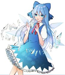 Rule 34 | 1girl, :p, alternate hair length, alternate hairstyle, blue bow, blue dress, blue eyes, blue hair, blush, bow, breasts, cirno, collared shirt, commentary request, crystal, dress, feet out of frame, frilled bow, frilled dress, frills, hair bow, highres, ice, ice wings, legs, long hair, looking at viewer, necono (nyu6poko), pinafore dress, puffy short sleeves, puffy sleeves, red neckwear, red ribbon, ribbon, shard, shiny skin, shirt, short sleeves, simple background, sleeveless dress, small breasts, snowflake print, solo, tongue, tongue out, touhou, white background, white shirt, white sleeves, wing collar, wings