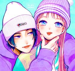 1boy 1girl :p arm_around_shoulder beanie blue_background blue_eyes blush closed_mouth commentary copyright_name facing_viewer fingernails futarijime_romantic hand_on_another&#039;s_face hand_up hat head_on_another&#039;s_shoulder hood hoodie jacket kanisawa_chihiro kumamori_kokomi long_hair long_sleeves looking_at_another looking_at_viewer purple_eyes purple_hat purple_hoodie short_hair simple_background tajima_kyouhei tongue tongue_out two-tone_hat upper_body