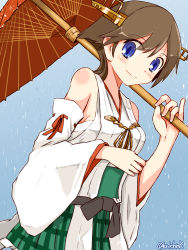 Rule 34 | 1girl, blue background, brown hair, detached sleeves, flipped hair, frilled skirt, frills, gradient background, green skirt, hairband, headgear, hiei (kancolle), hiei kai ni (kancolle), jewelry, kanoe soushi, kantai collection, looking at viewer, nontraditional miko, oil-paper umbrella, plaid, plaid skirt, pleated skirt, rain, ribbon-trimmed sleeves, ribbon trim, ring, short hair, skirt, smile, solo, twitter username, umbrella, wedding band